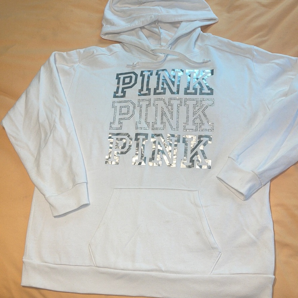 PINK Victoria’s Secret white hoodie size Large silver and rhinestones